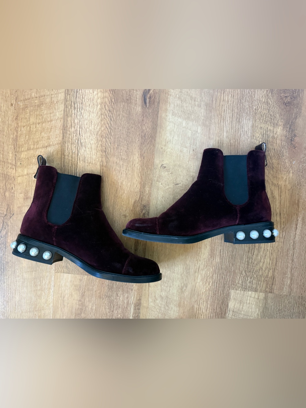 Louise et Cie “Vinn” Burgundy Velvet Chelsea Ankle Boots with Pearl Heel Detail